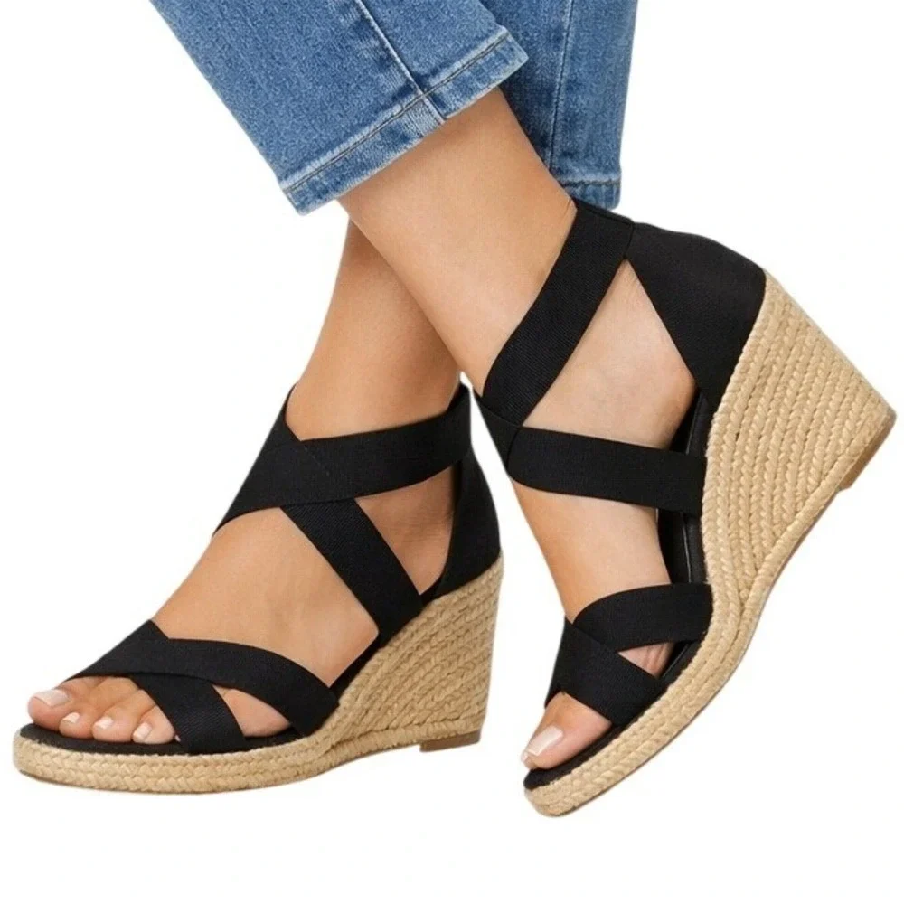 Lauren Ralph Lauren Iliana Black Elastic Espadrille Wedge Sandals Womens 8.5B